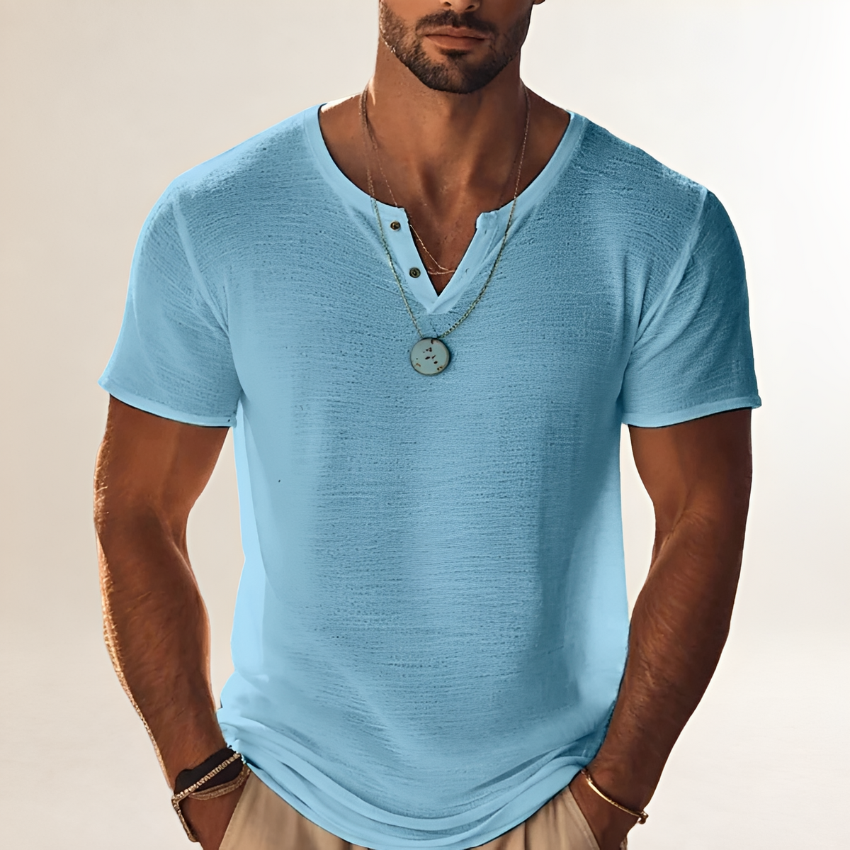 Shirt, Men's Short-Sleeve Henley with Button V-Neck, Textured Finish, Relaxed Fit