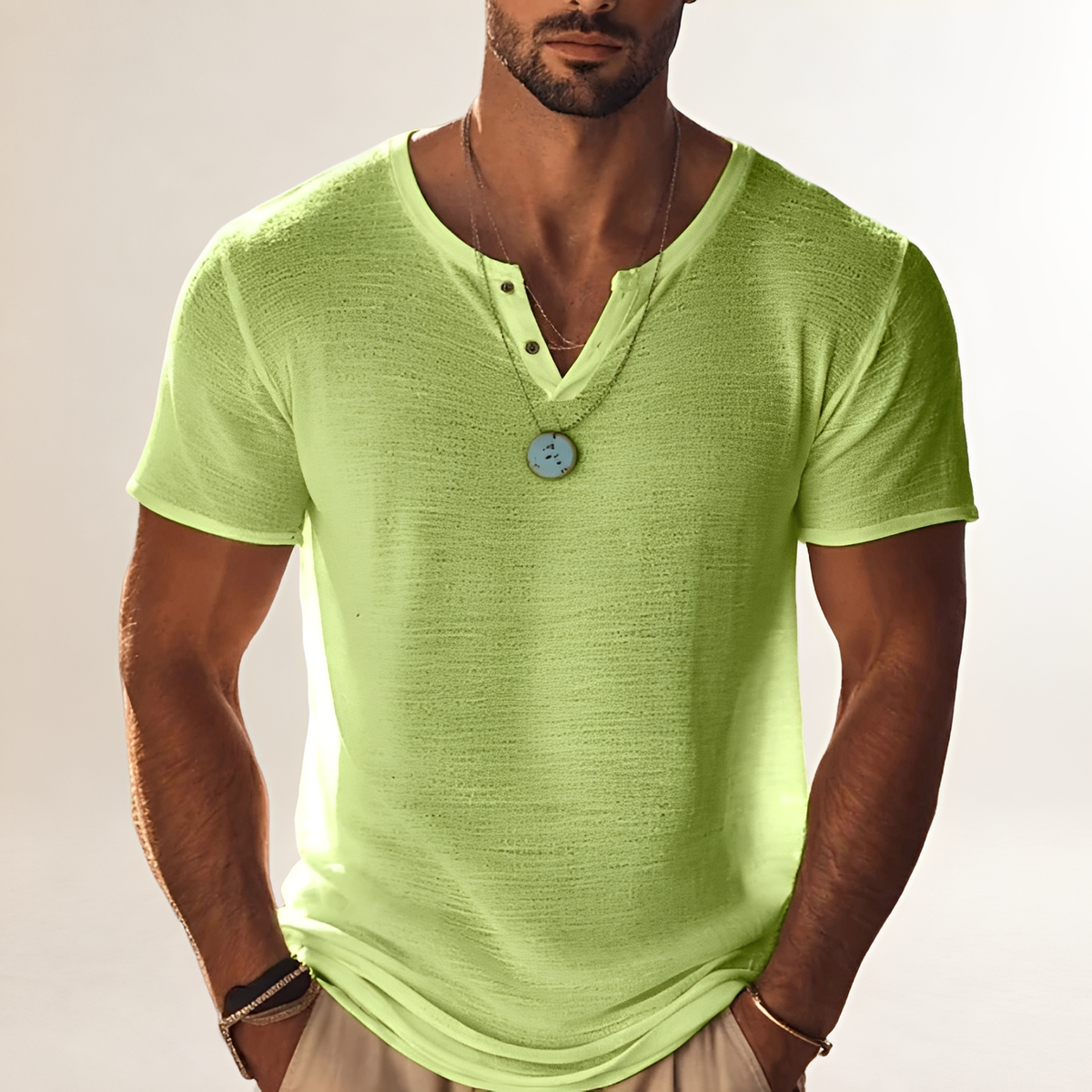 Shirt, Men's Short-Sleeve Henley with Button V-Neck, Textured Finish, Relaxed Fit