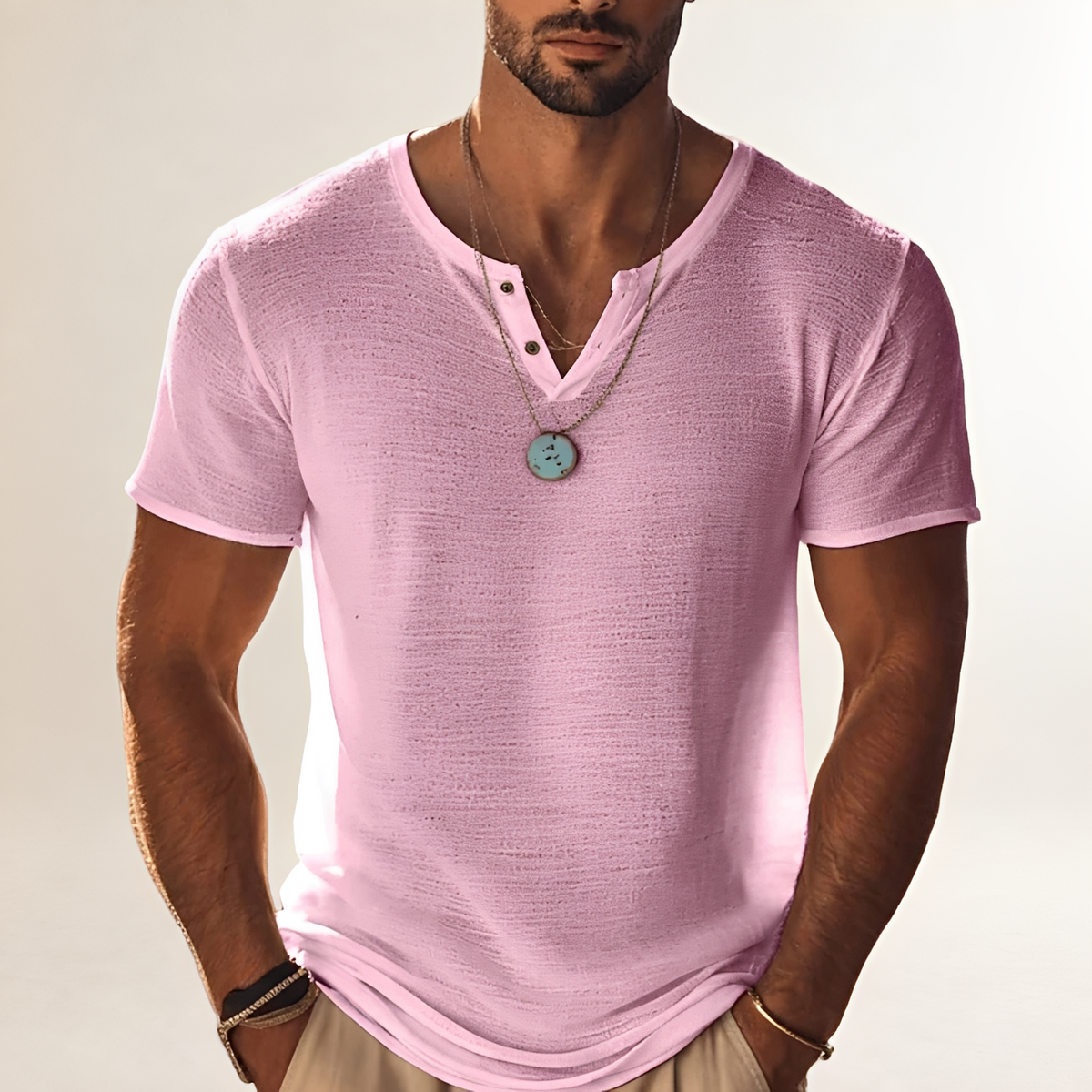 Shirt, Men's Short-Sleeve Henley with Button V-Neck, Textured Finish, Relaxed Fit