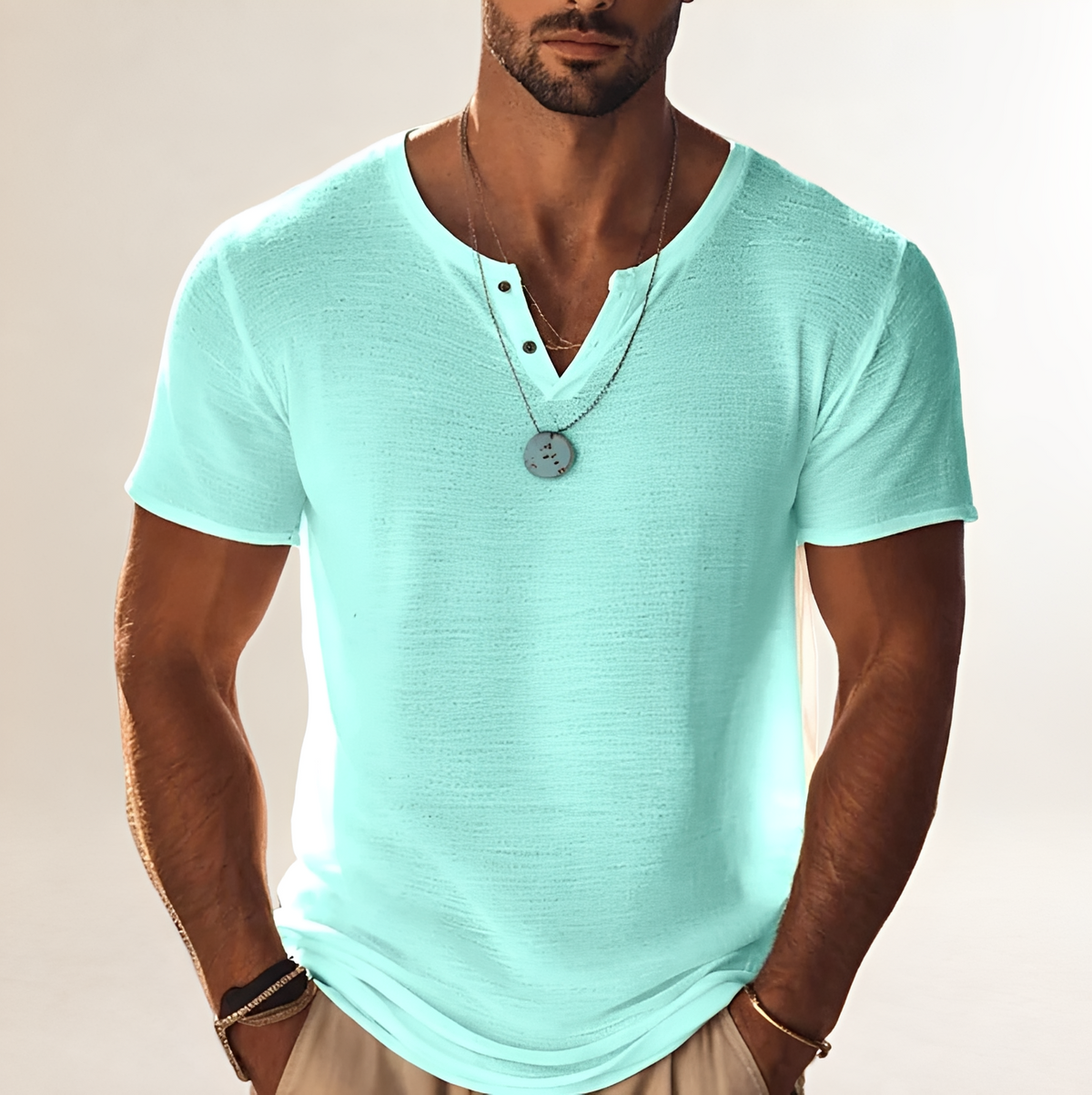 Shirt, Men's Short-Sleeve Henley with Button V-Neck, Textured Finish, Relaxed Fit