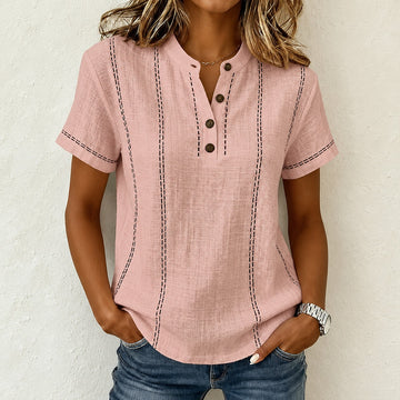 Shirt, Women's Henley Short-Sleeve with Band Collar, Button Placket & Vertical Stitch Detail, Relaxed Fit