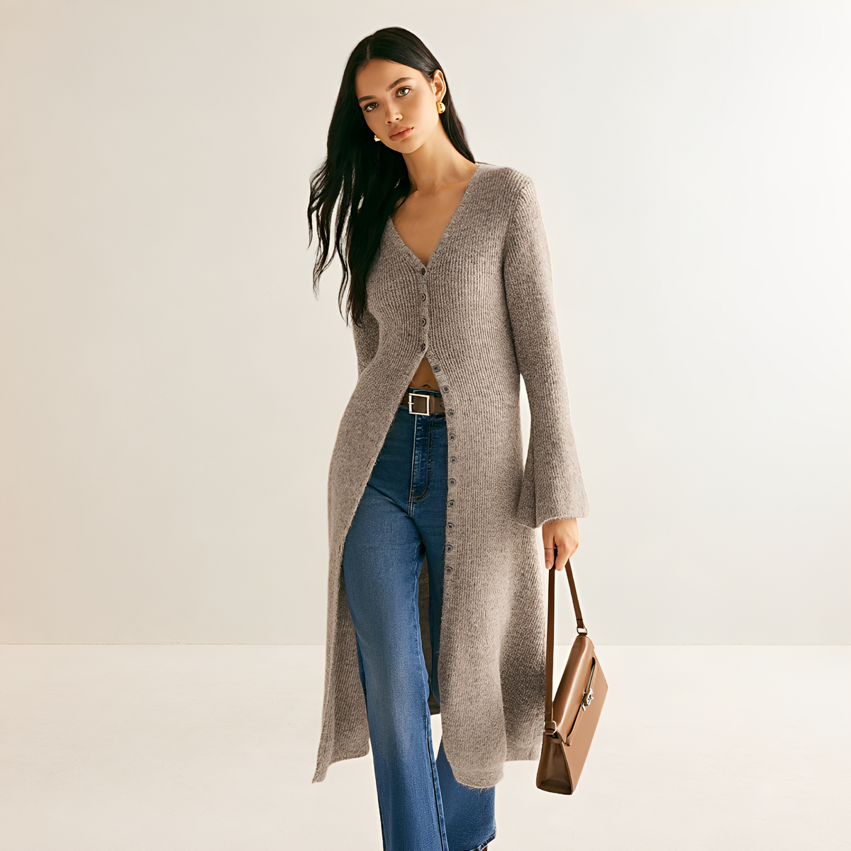 Sweater Dress Women V-Neck Button Front Long Cardigan - Relaxed Fit