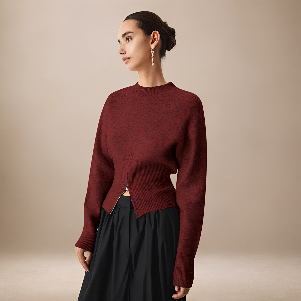 Sweater for Women - Half Zip, Long Sleeve, Regular Fit
