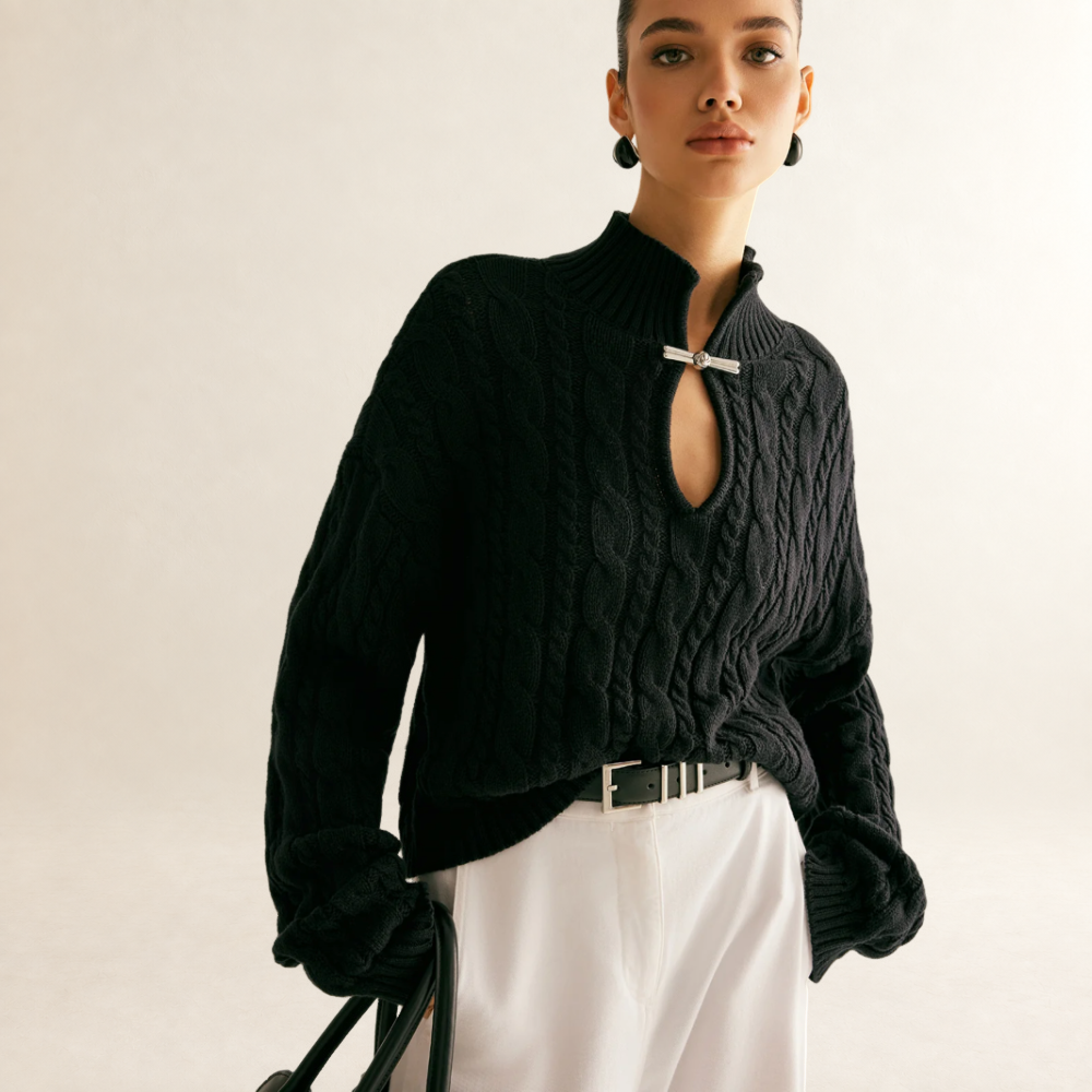 Sweater Women Keyhole Neckline Long Sleeve - Regular Fit High Collar