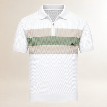T-Shirt Men's Polo Collar Short-Sleeve Quarter-Zip, Wavy Textured Pattern with Horizontal Chest Stripes