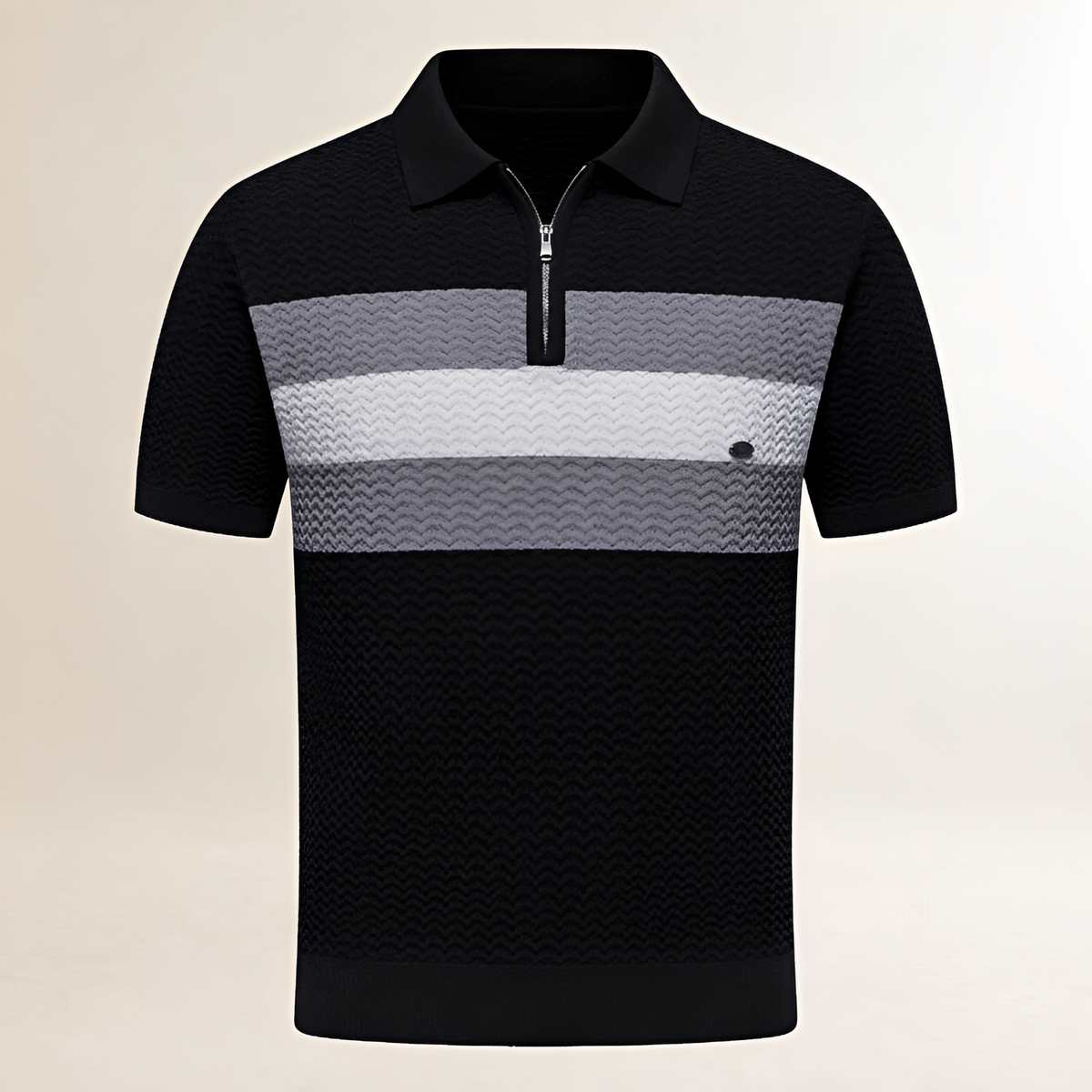 T-Shirt Men's Polo Collar Short-Sleeve Quarter-Zip, Wavy Textured Pattern with Horizontal Chest Stripes