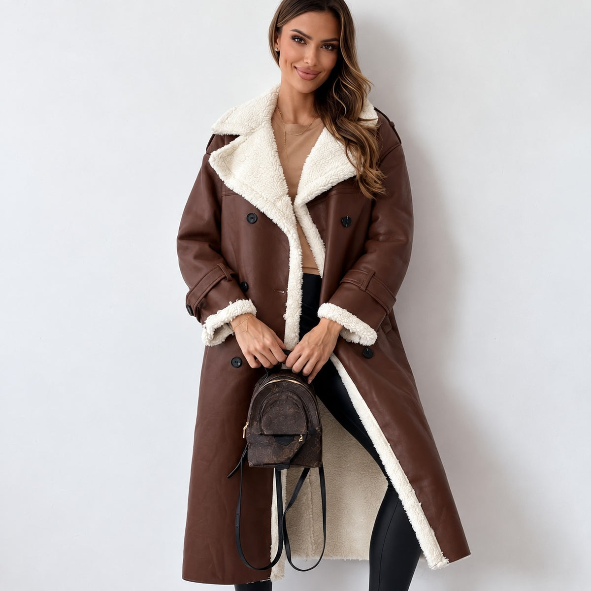 Teddy Coat Women - Double-Breasted, Long Sleeve, Belted Design, Oversized Fit