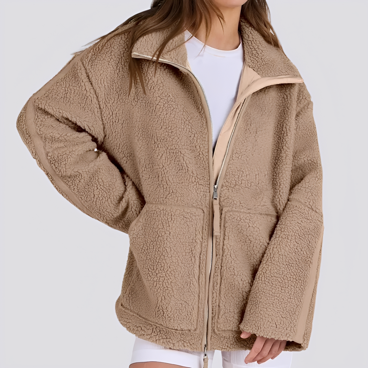 Teddy Jacket for Women - Oversized Fit with Zip Closure and Pockets