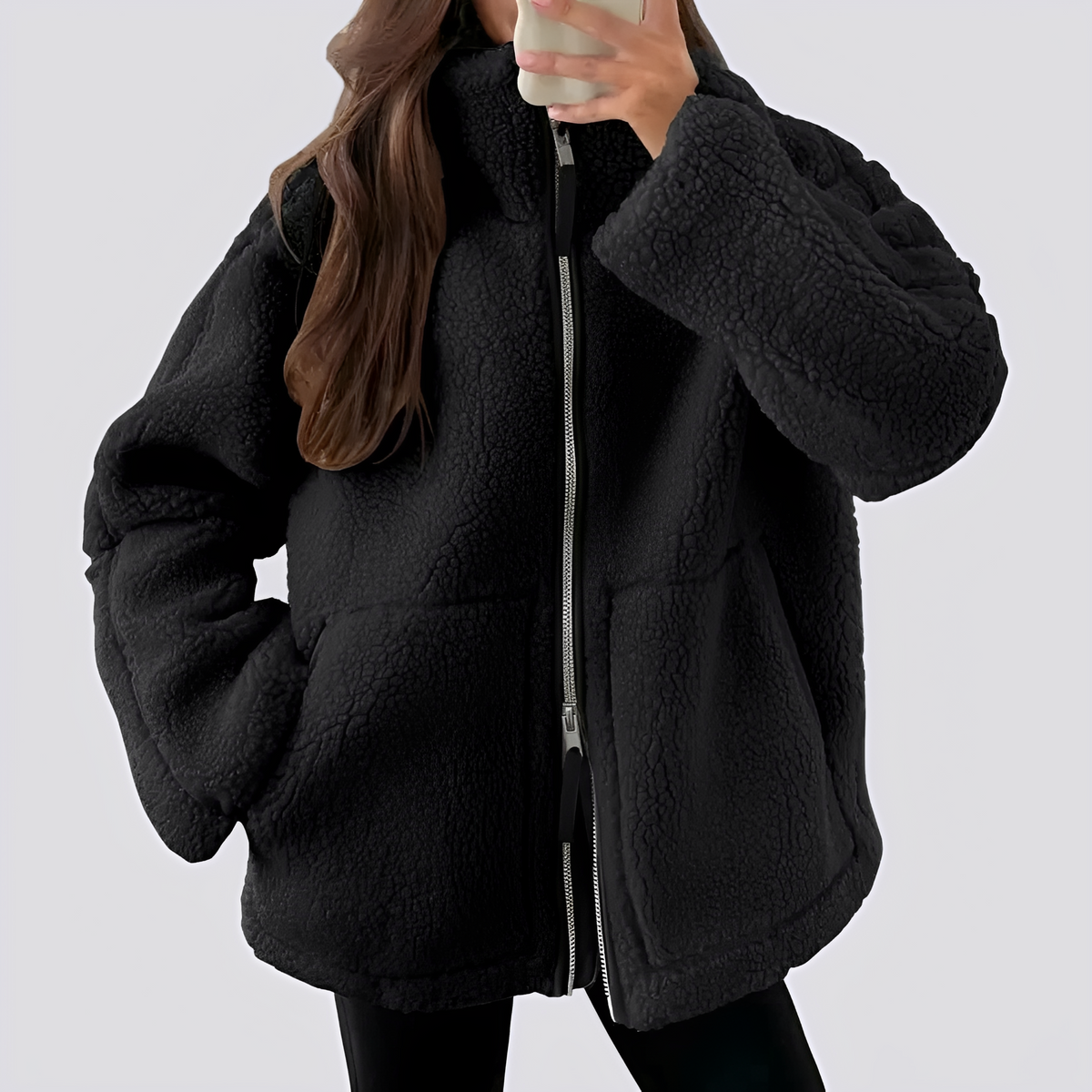 Teddy Jacket for Women - Oversized Fit with Zip Closure and Pockets
