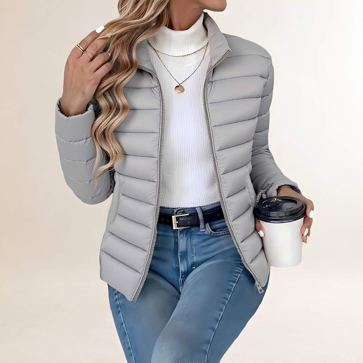 Transitional Jacket for Women - Zip-Up, Stand Collar, Slim Fit, Padded Design