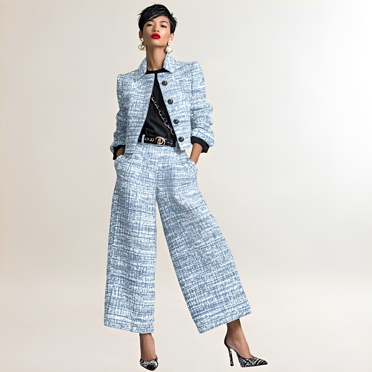 Two-piece set, women's cropped button-front jacket & high-waist wide-leg trousers