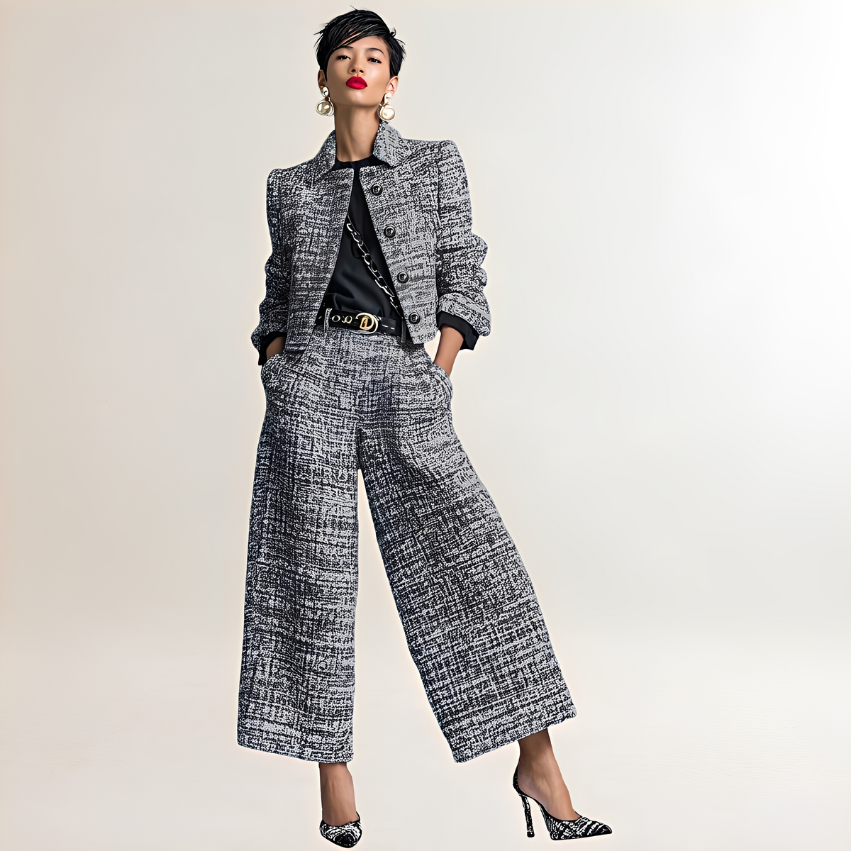 Two-piece set, women's cropped button-front jacket & high-waist wide-leg trousers