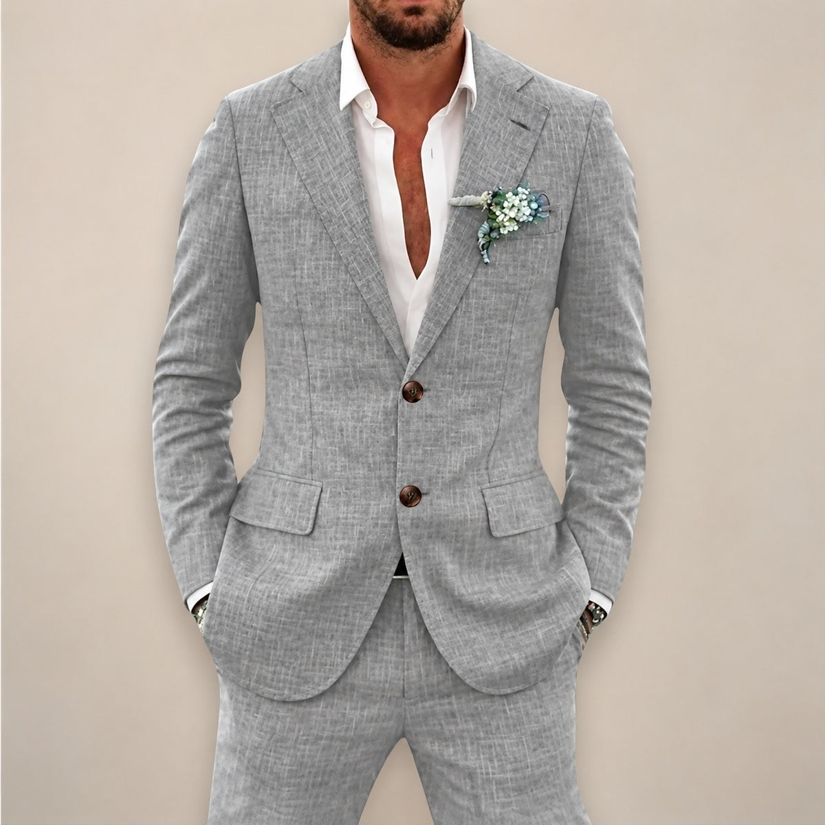 Two-Piece Suit Set for Men Single-Breasted Blazer with Trousers - Tailored Fit