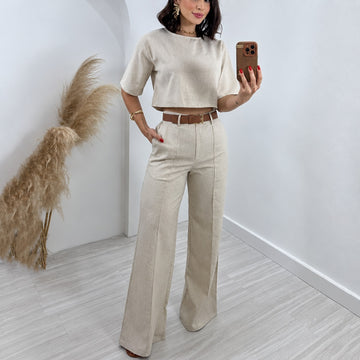Two-Piece Suit Set for Women - Cropped Top and High-Waisted Wide Leg Trousers