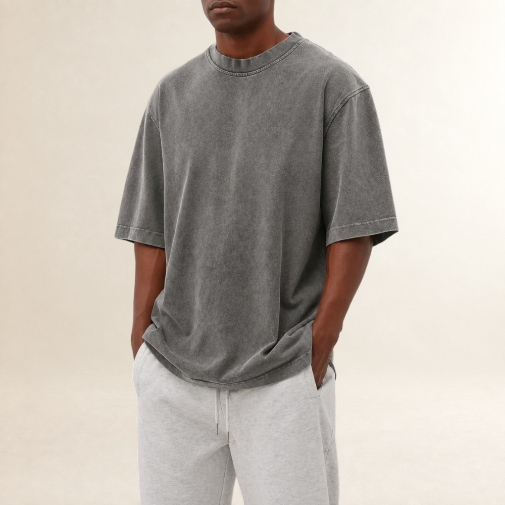 Washed T-Shirt for Men - Relaxed Fit with Short Sleeves and Round Neck