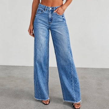 Wide Leg Jeans for Women High Waist Distressed Hem - Relaxed Fit