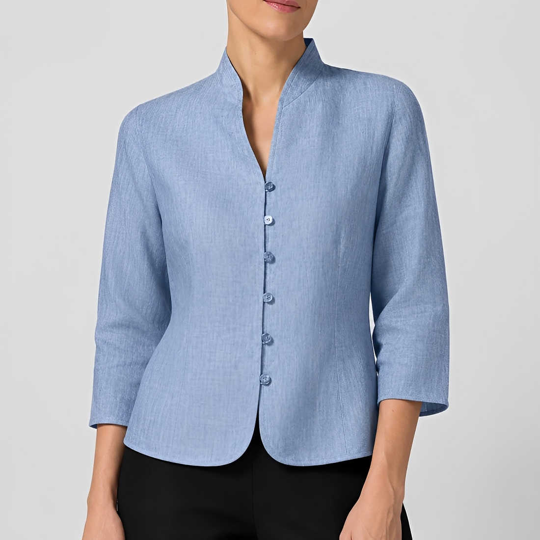 Women Blouse Button-Up V-Neck Long Sleeve - Relaxed Fit