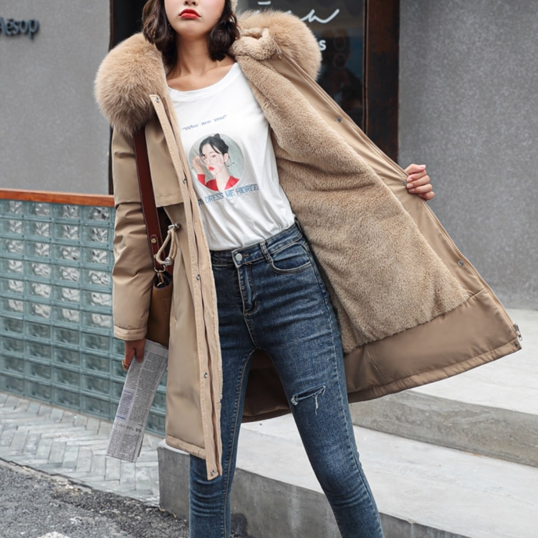 Women Coat Seasonal Hooded Plush Outerwear with Large Collar - Relaxed Fit