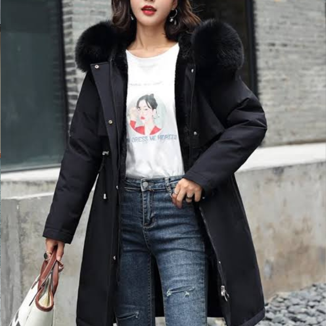 Women Coat Seasonal Hooded Plush Outerwear with Large Collar - Relaxed Fit