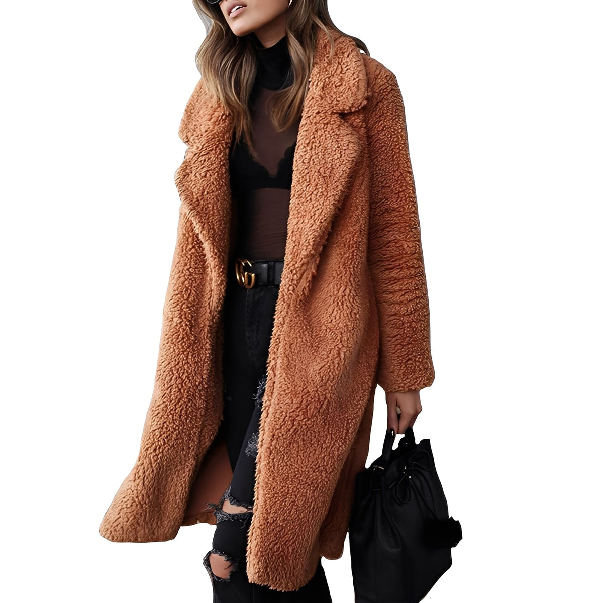 Women Coat Seasonal Oversized Plush Outerwear with Notched Collar - Relaxed Fit