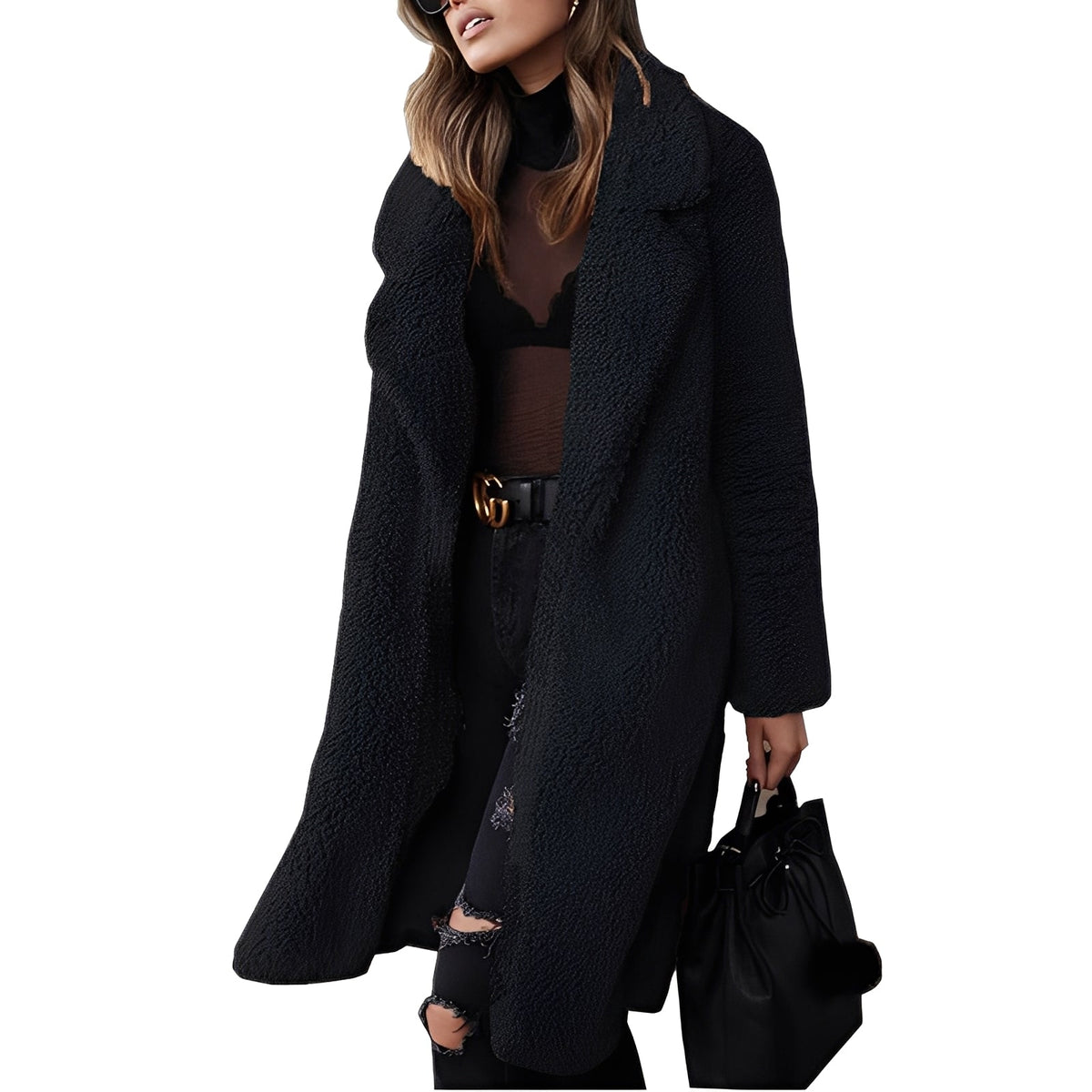 Women Coat Seasonal Oversized Plush Outerwear with Notched Collar - Relaxed Fit