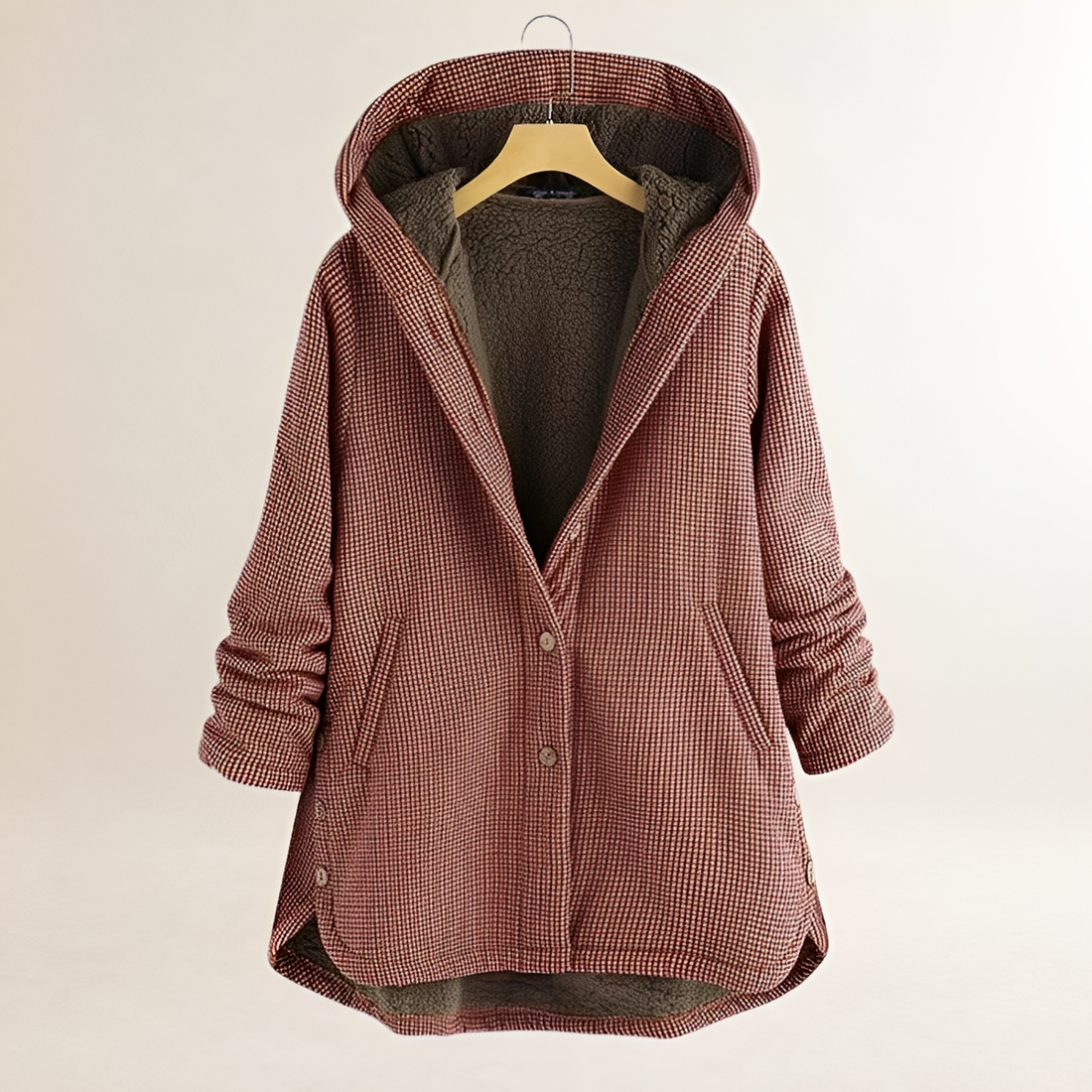 Women Jacket Hooded Checkered Design with Button Closure