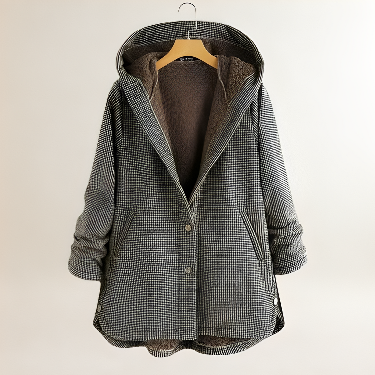 Women Jacket Hooded Checkered Design with Button Closure