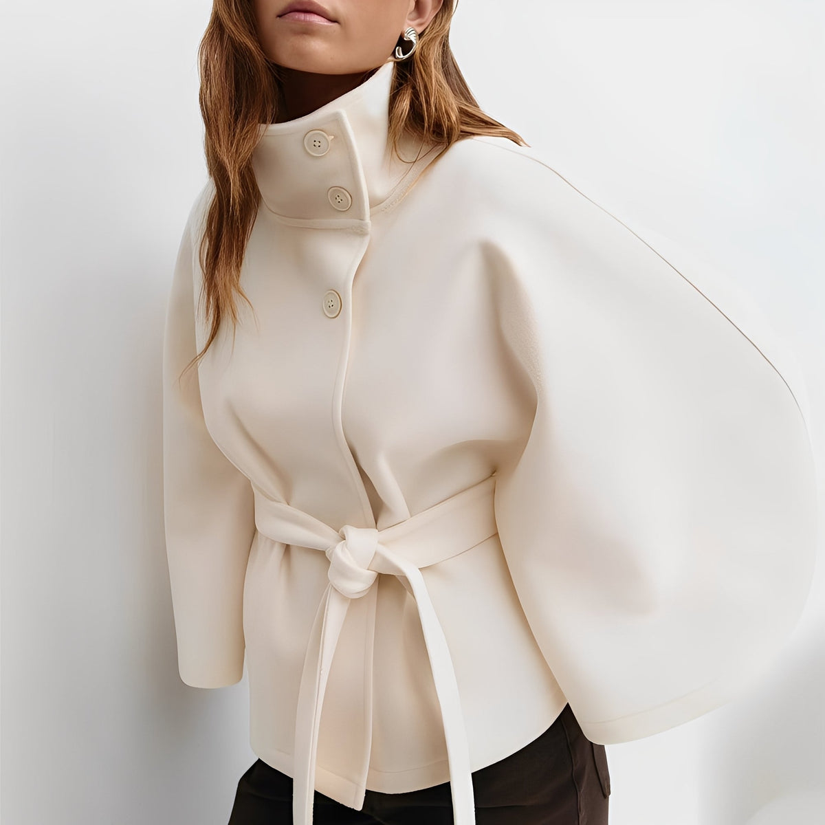 Women Jacket Seasonal Belted Cape Design with High Collar and Button Closure - Relaxed Fit