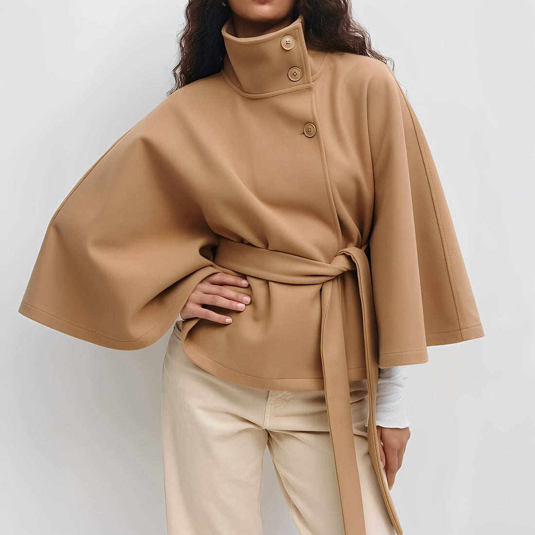 Women Jacket Seasonal Belted Cape Design with High Collar and Button Closure - Relaxed Fit
