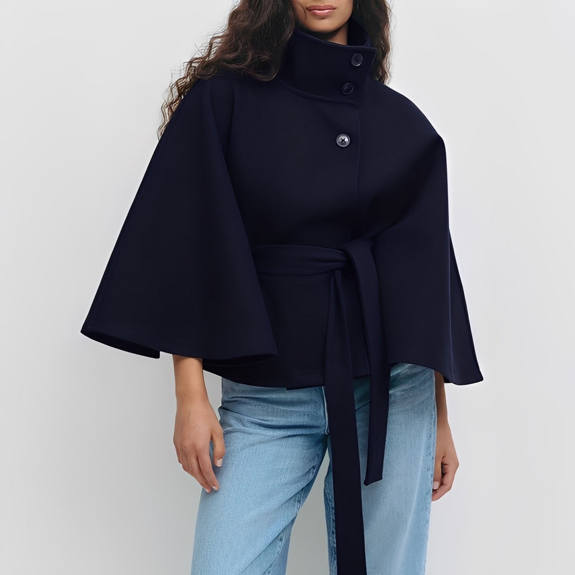 Women Jacket Seasonal Belted Cape Design with High Collar and Button Closure - Relaxed Fit