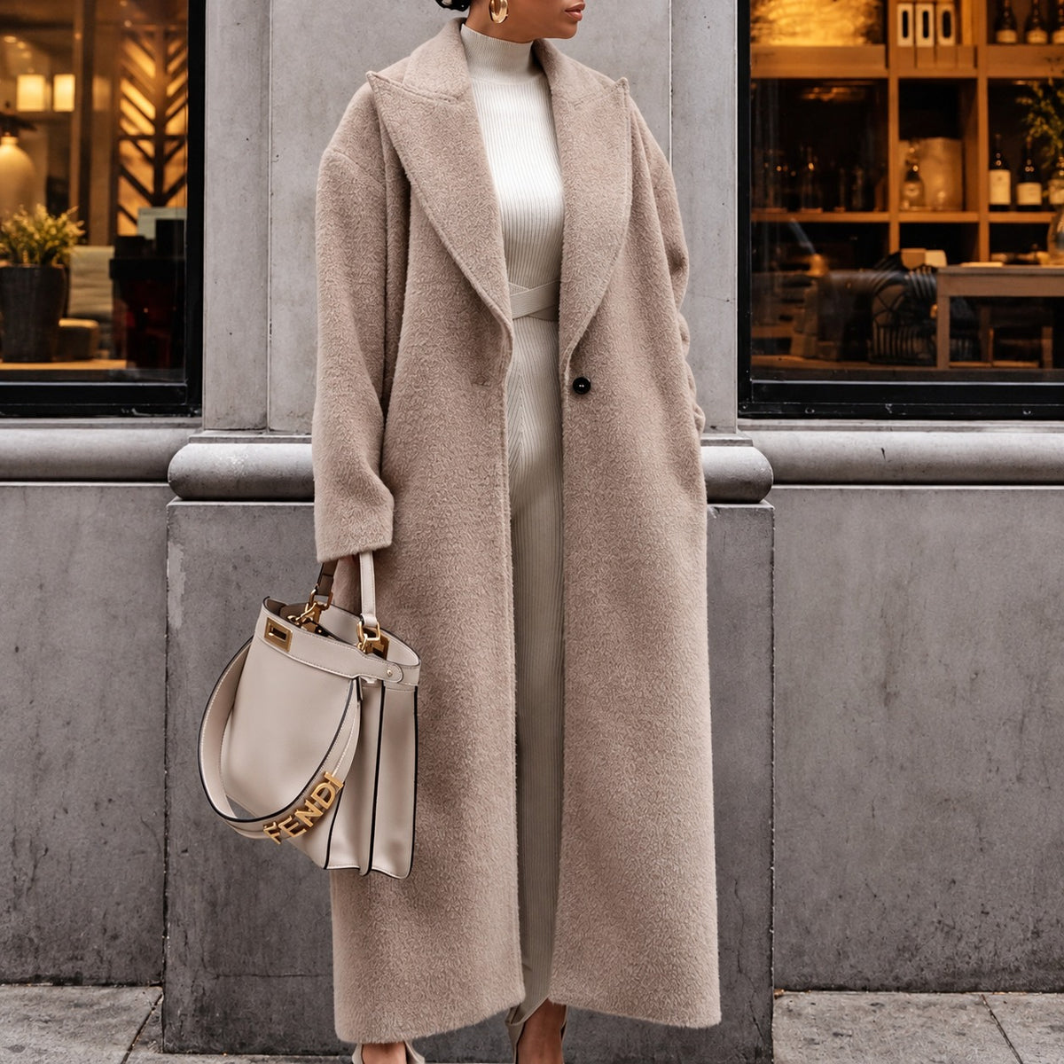Women Oversized Coat - Long Length, Lapel Design, Single-Breasted Closure
