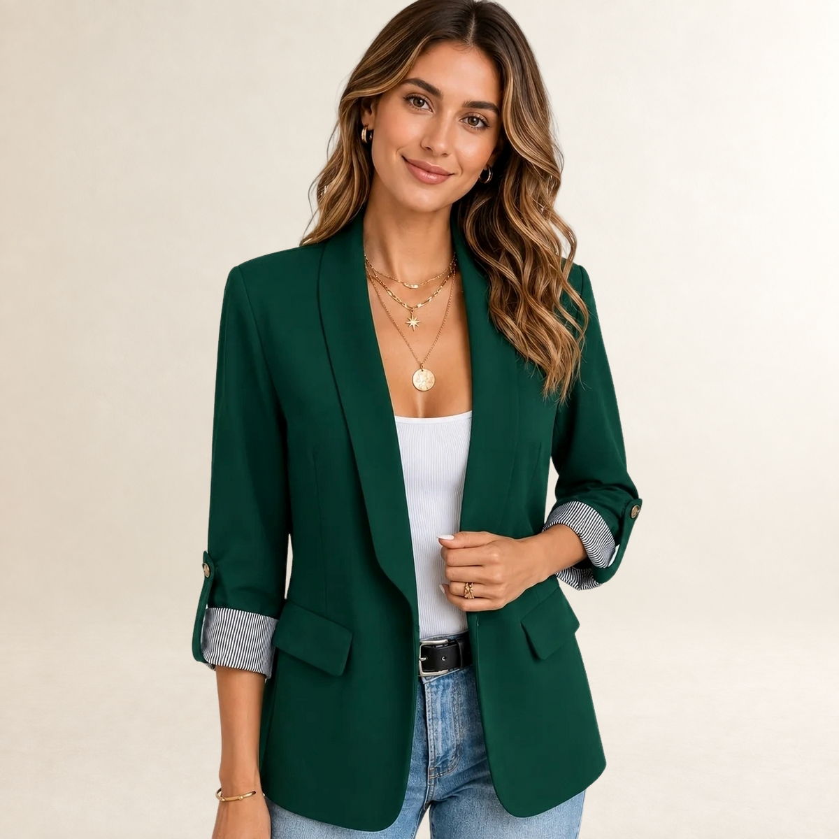 Women's Blazer Open Front with Ruched Sleeves - Tailored Fit