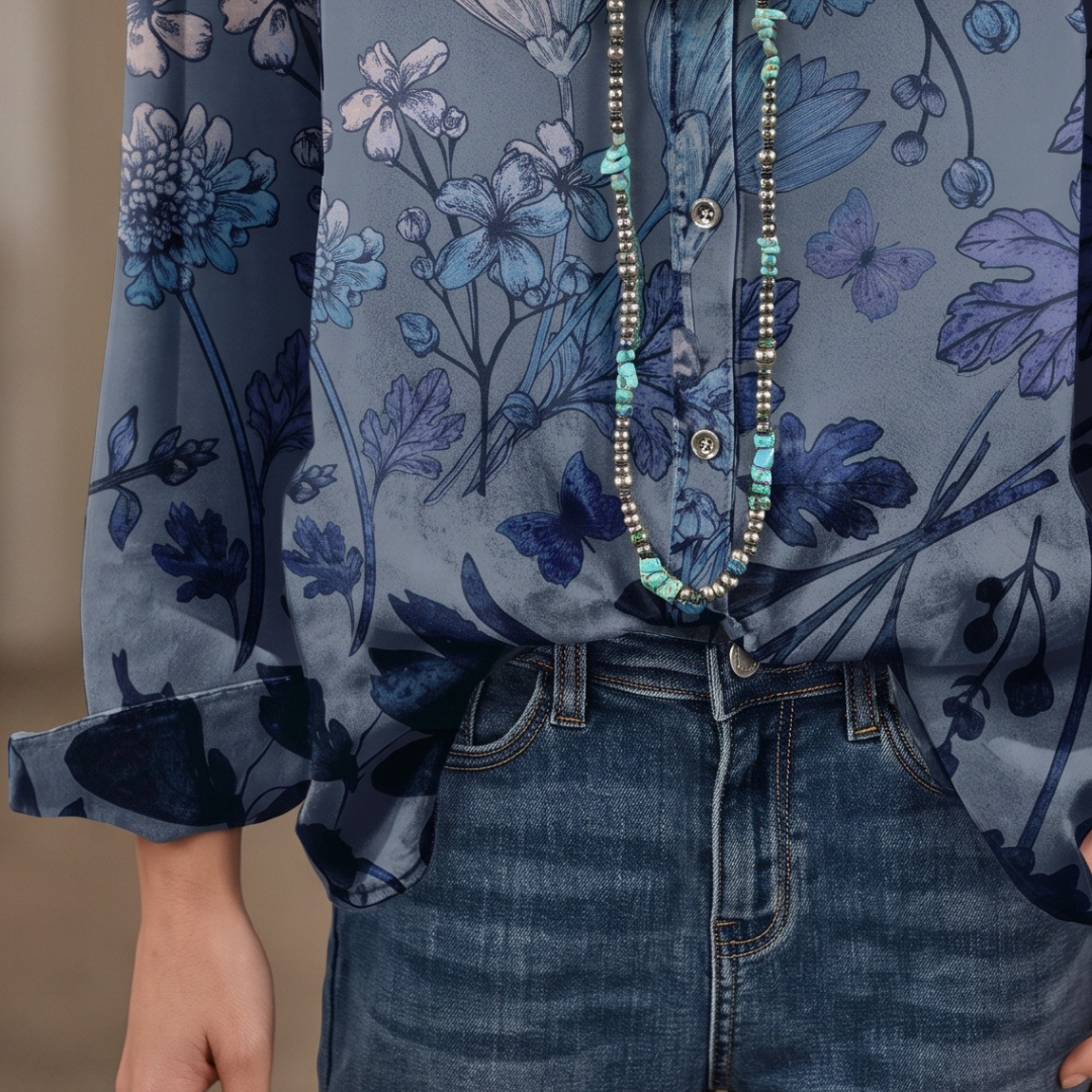 Women's Blouse, Band-Collar V‑Neck with Partial Button Placket, Short Puff Sleeves with Smocked Cuffs, Relaxed Fit Floral Print