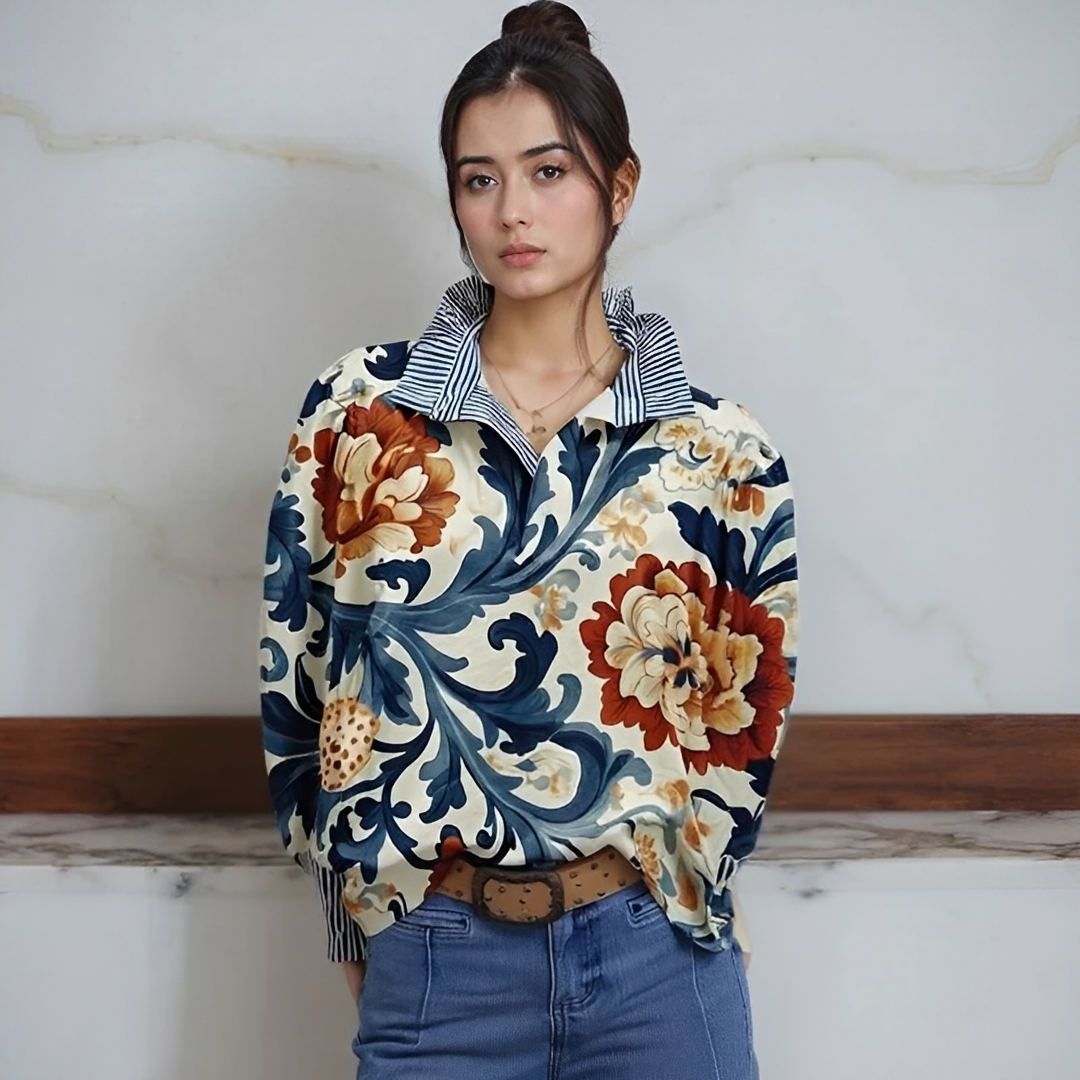 Women's Blouse, Half-Button Placket, Long Sleeve with Contrast Striped Collar & Cuffs, Relaxed Fit, All-Over Print