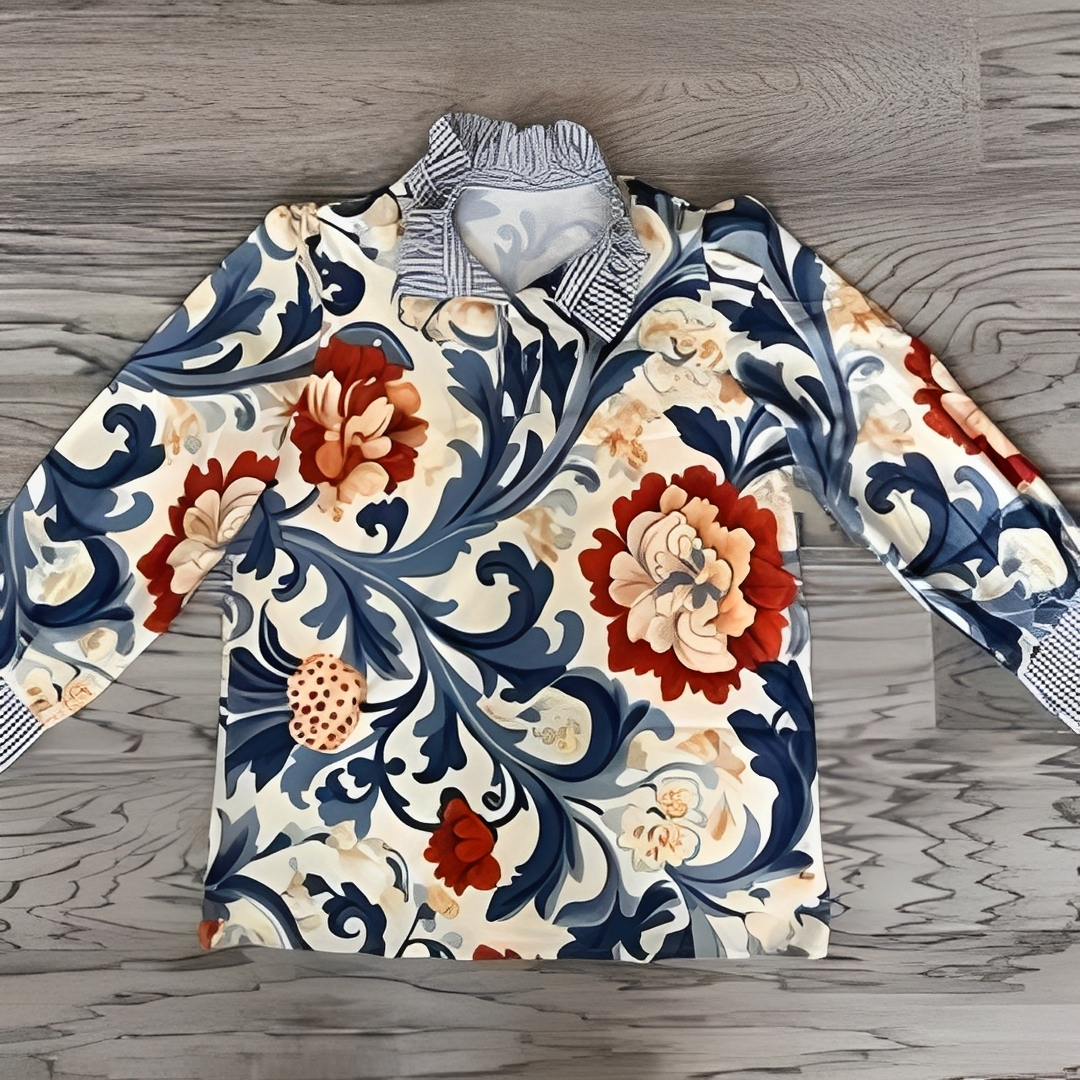 Women's Blouse, Half-Button Placket, Long Sleeve with Contrast Striped Collar & Cuffs, Relaxed Fit, All-Over Print