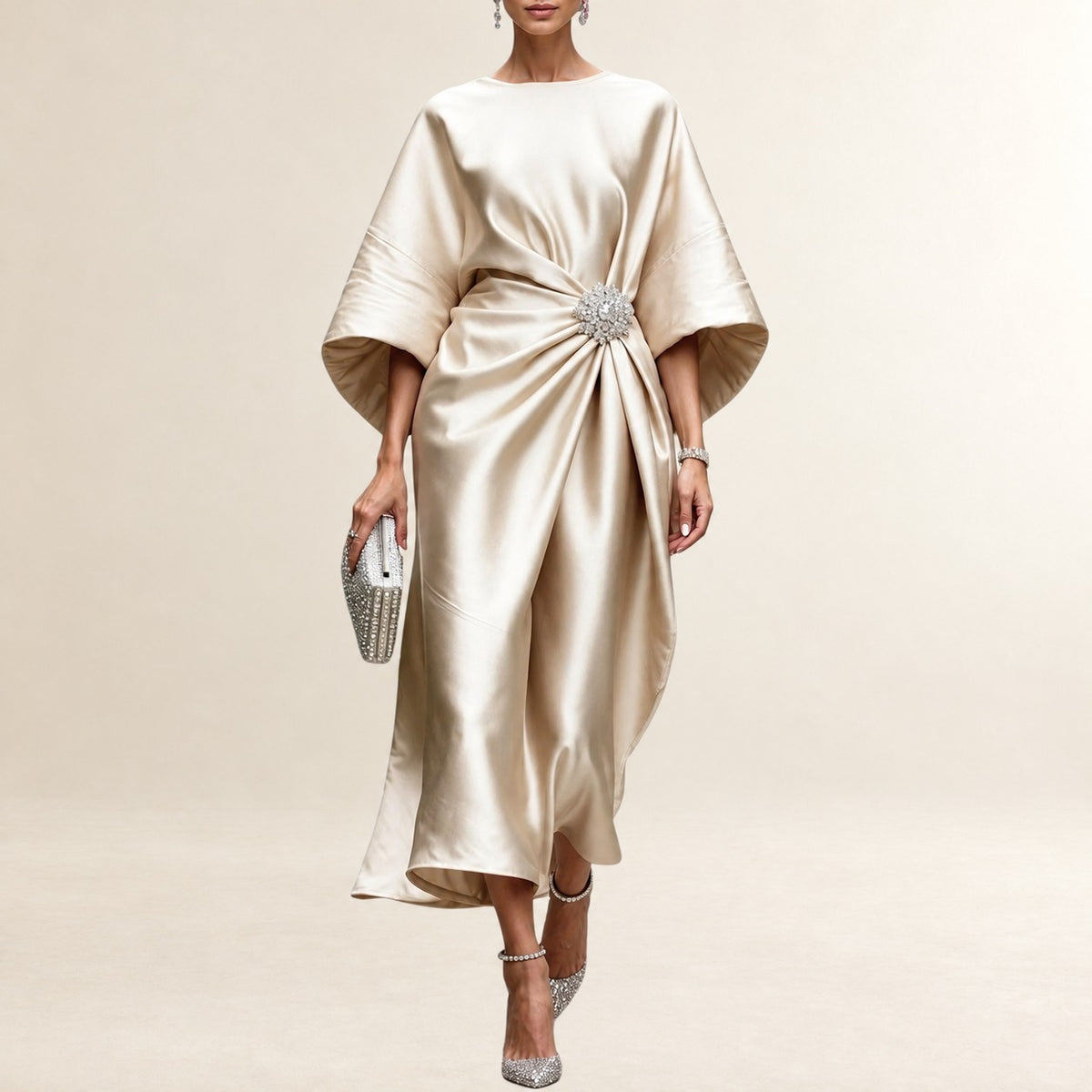 Women's Boat-Neck Midi Dress with Wide Kimono Sleeves, Side Gather and Jeweled Brooch