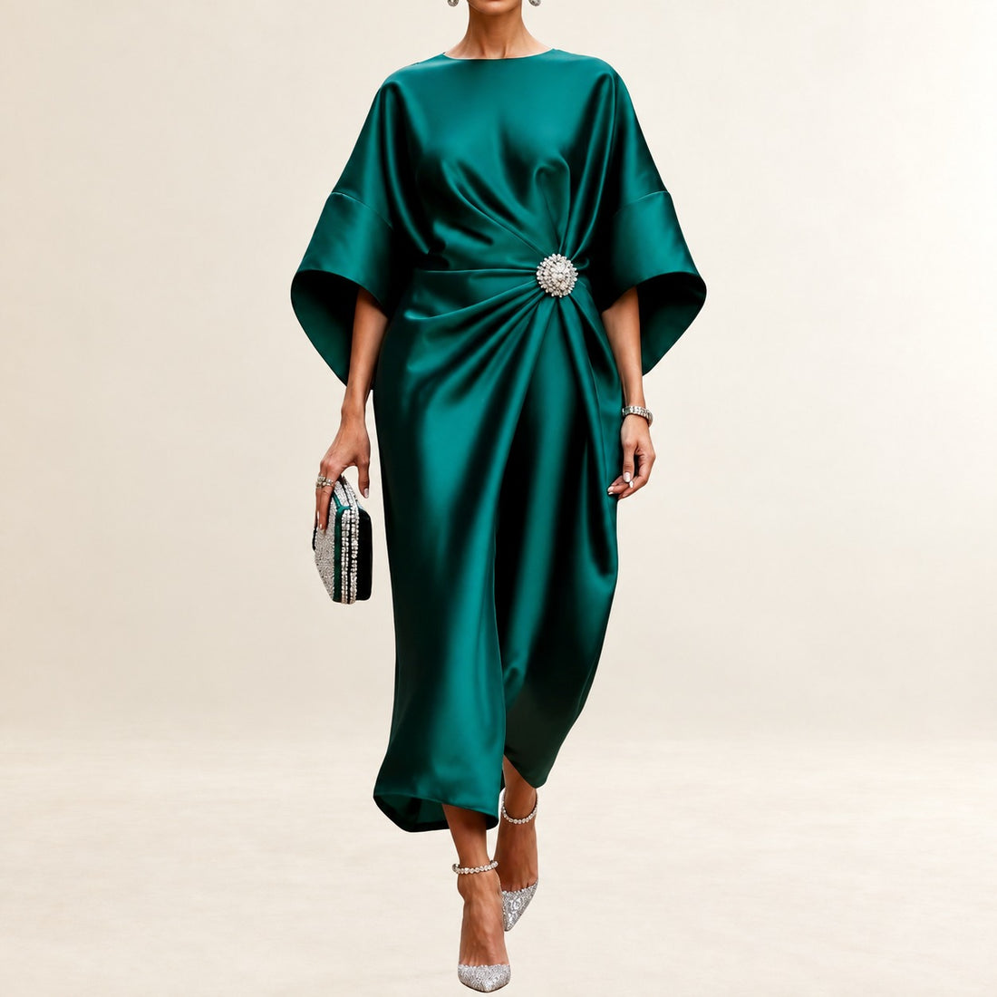 Women's Boat-Neck Midi Dress with Wide Kimono Sleeves, Side Gather and Jeweled Brooch
