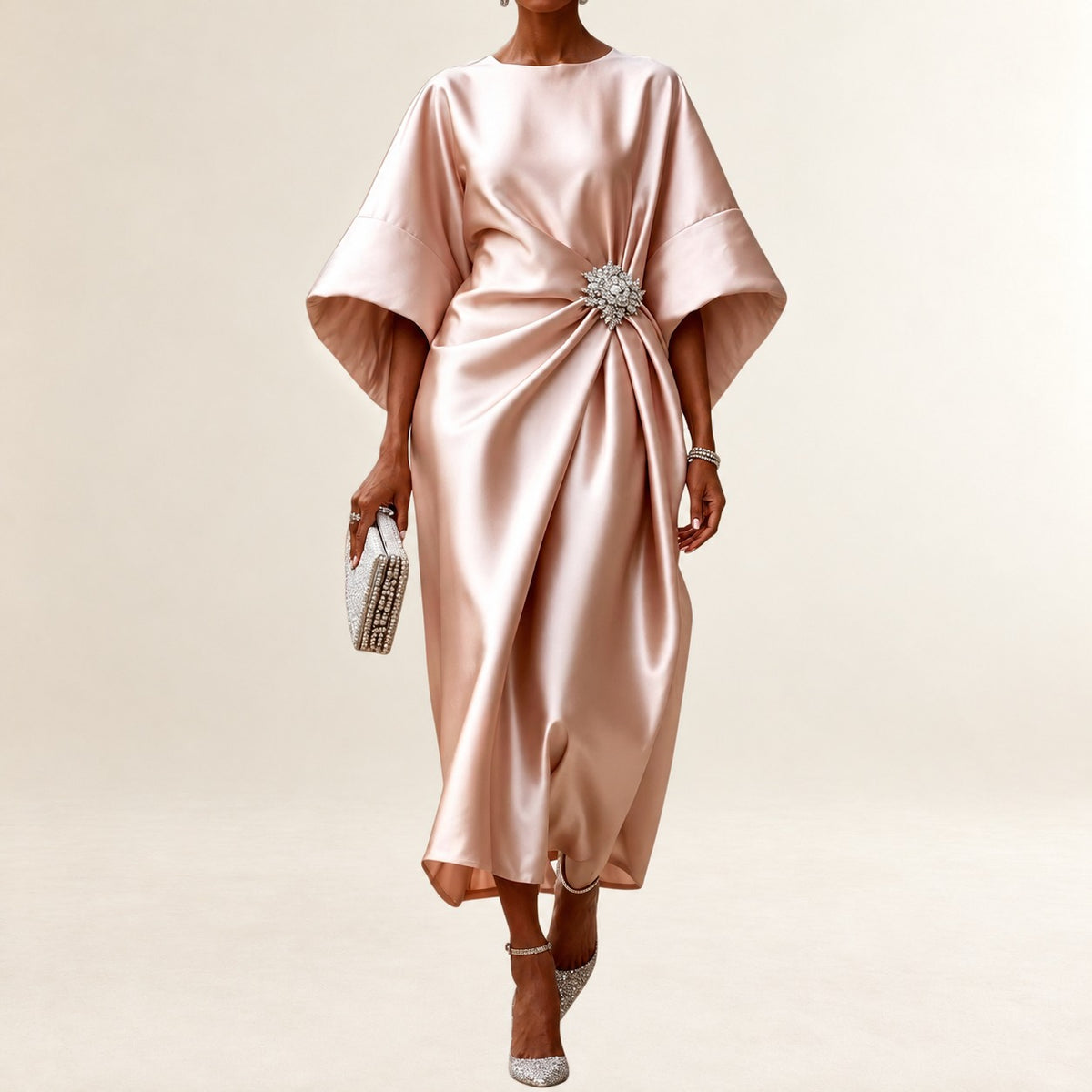 Women's Boat-Neck Midi Dress with Wide Kimono Sleeves, Side Gather and Jeweled Brooch
