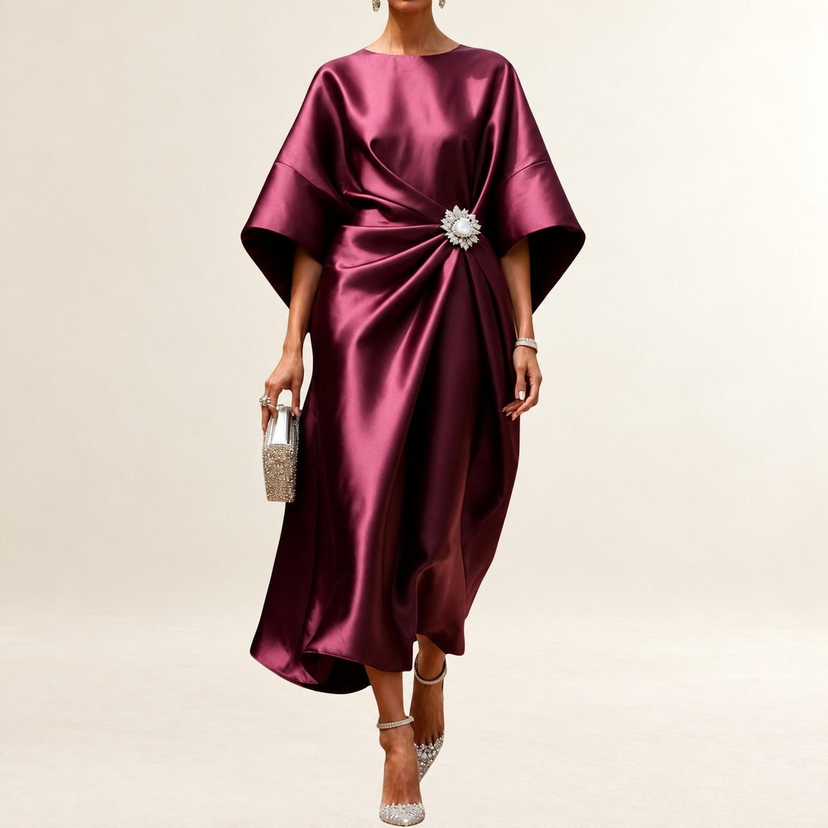 Women's Boat-Neck Midi Dress with Wide Kimono Sleeves, Side Gather and Jeweled Brooch