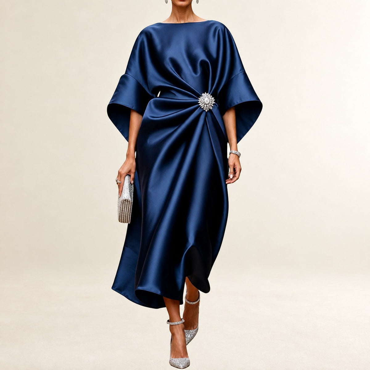 Women's Boat-Neck Midi Dress with Wide Kimono Sleeves, Side Gather and Jeweled Brooch