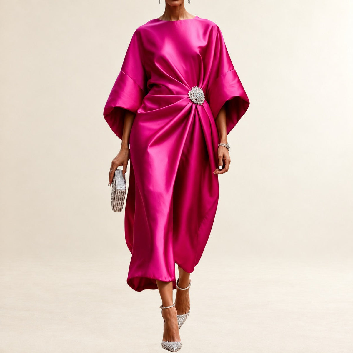 Women's Boat-Neck Midi Dress with Wide Kimono Sleeves, Side Gather and Jeweled Brooch