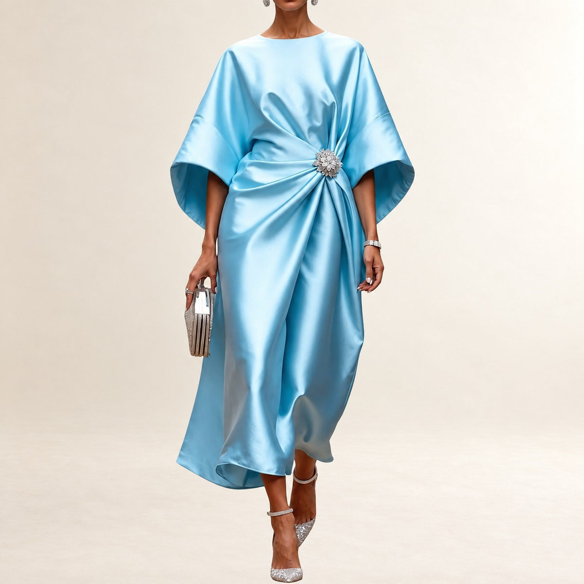 Women's Boat-Neck Midi Dress with Wide Kimono Sleeves, Side Gather and Jeweled Brooch