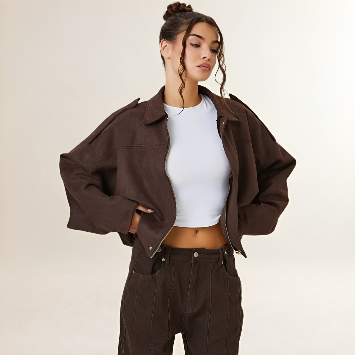Women's Bomber Jacket Cropped Boxy Silhouette with Epaulette Shoulders and Gathered Hem