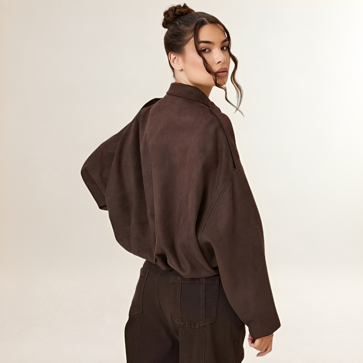Women's Bomber Jacket Cropped Boxy Silhouette with Epaulette Shoulders and Gathered Hem