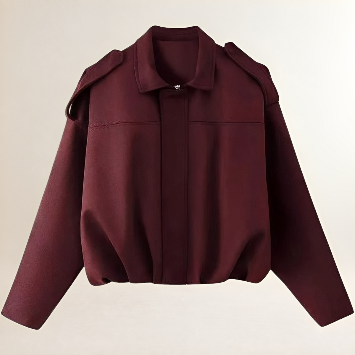Women's Bomber Jacket Cropped Boxy Silhouette with Epaulette Shoulders and Gathered Hem