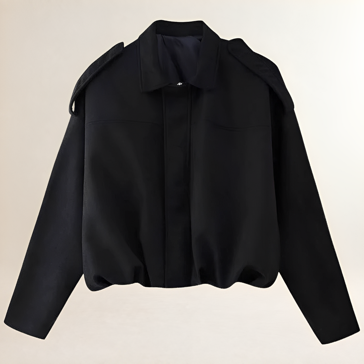 Women's Bomber Jacket Cropped Boxy Silhouette with Epaulette Shoulders and Gathered Hem