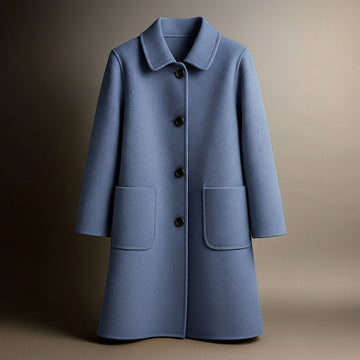 Women's Button-Front Coat with Pointed Collar and Patch Pockets - Straight Cut