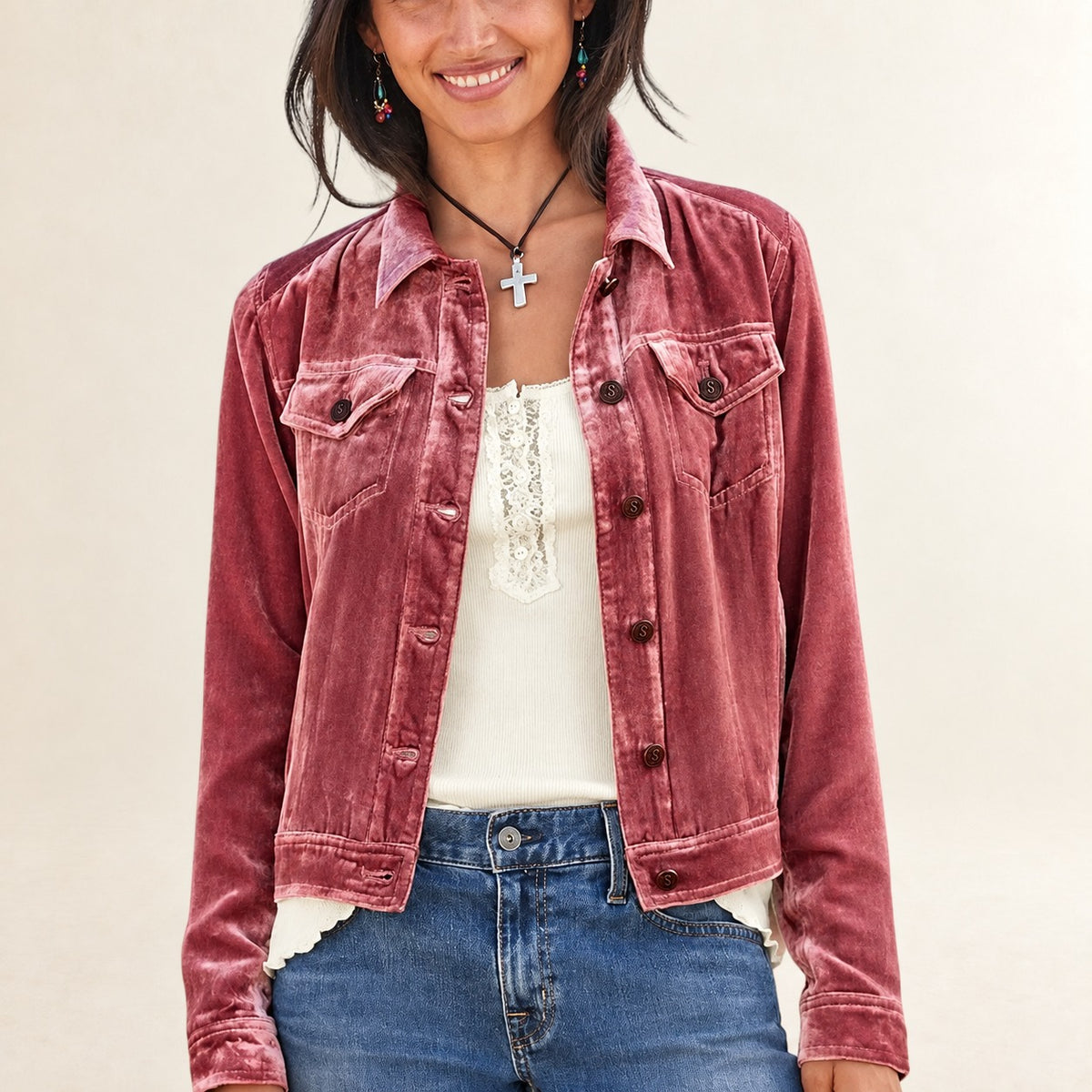 Women's button-front shirt jacket with shirt collar and flap chest pockets, long sleeve relaxed fit