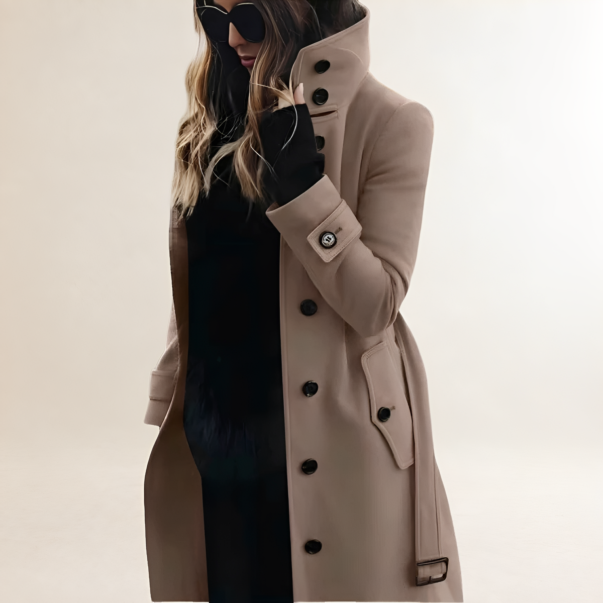 Women's Button Front Trench Coat - High Collar, Long Sleeve, Tailored Fit