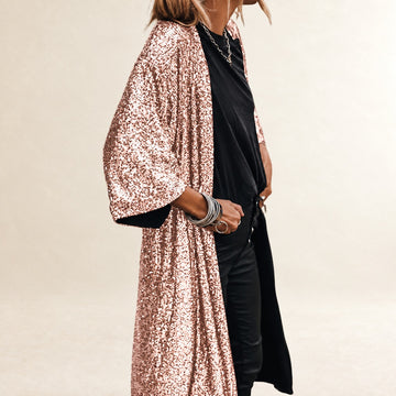 Women's Calf-Length Open-Front Cardigan with Bell Sleeves, Embellished Duster, Relaxed Fit